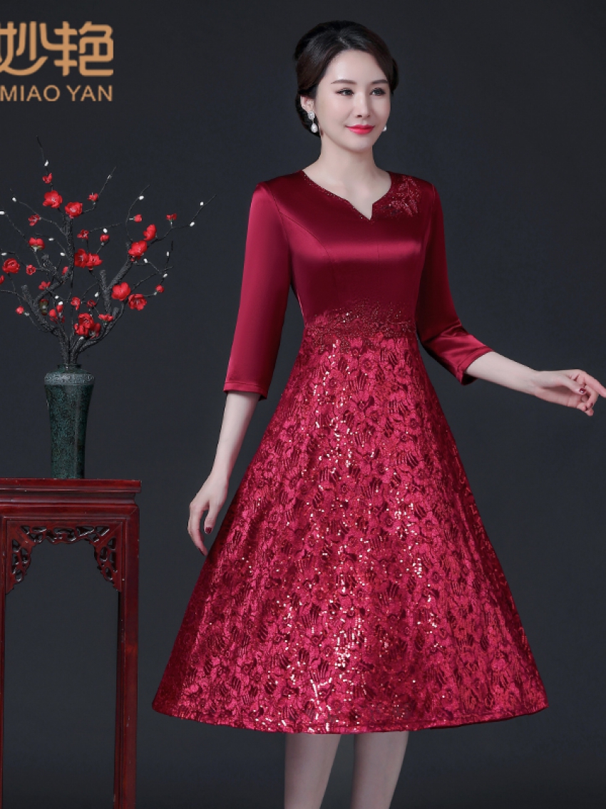 69277喜婆婆醋酸緞連衣裙